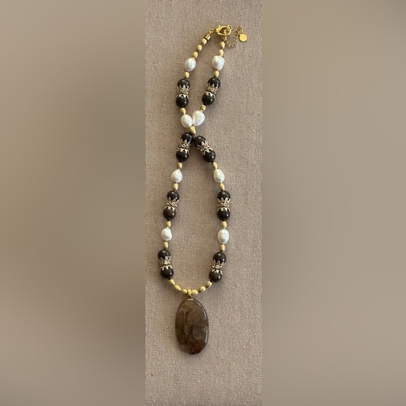 22 inch Bronzite gemstone and Freshwater Pearl bead necklace NWOT - Picture 3 of 15